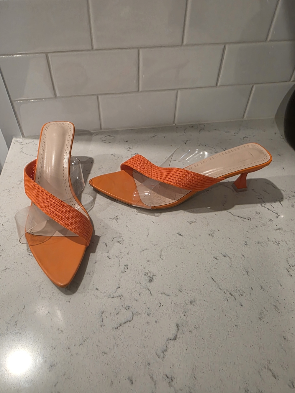 Orange Kitten Heel Slide Sandals with Clear Strap